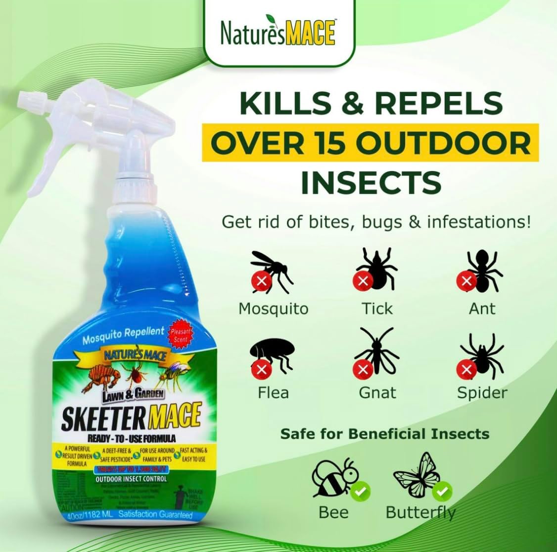 Nature’s MACE Outdoor Pest Repellent Spray – Kills & Repels Multiple Insect Types – Treats Lawns