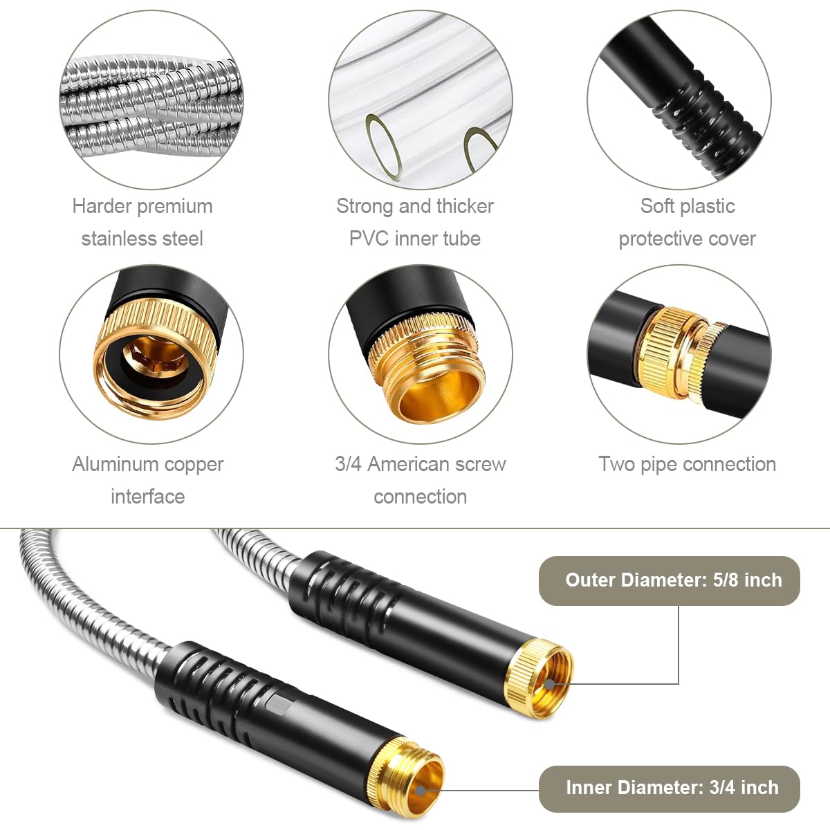 Omont Metal Garden Hose 50FT, Heavy Duty 304 Stainless Steel Water Hoses with Nozzle, Flexible