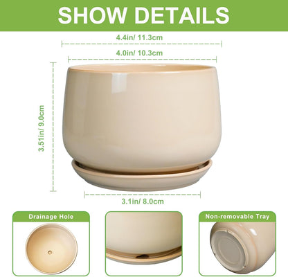 G EPGardening 4 inch Plant Pots - Ceramic Planter with Drainage Hole & Saucer, Small Plant Pots for