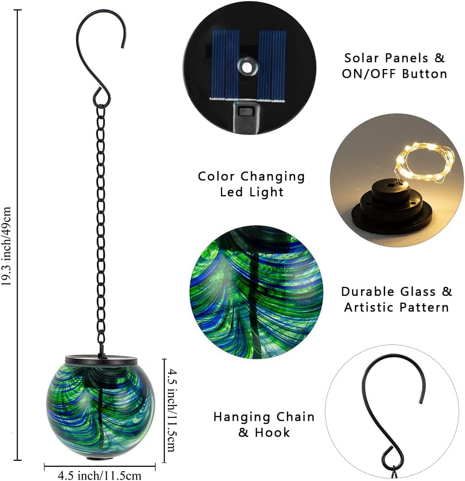 Solar Hanging Lanterns Outdoor, Waterproof Solar Gazing Ball Lights, Color Changing Led Glass Globe
