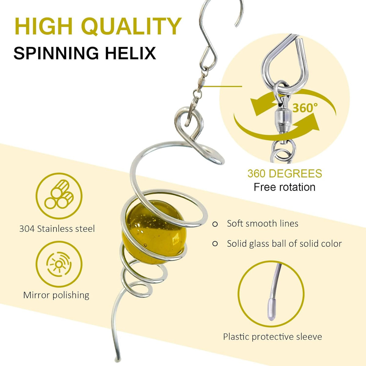 Gazing Ball Spiral Tail,Wind Spinner Tail with Gold Glass Orb,Wind Spinners Stabilizer,Visual