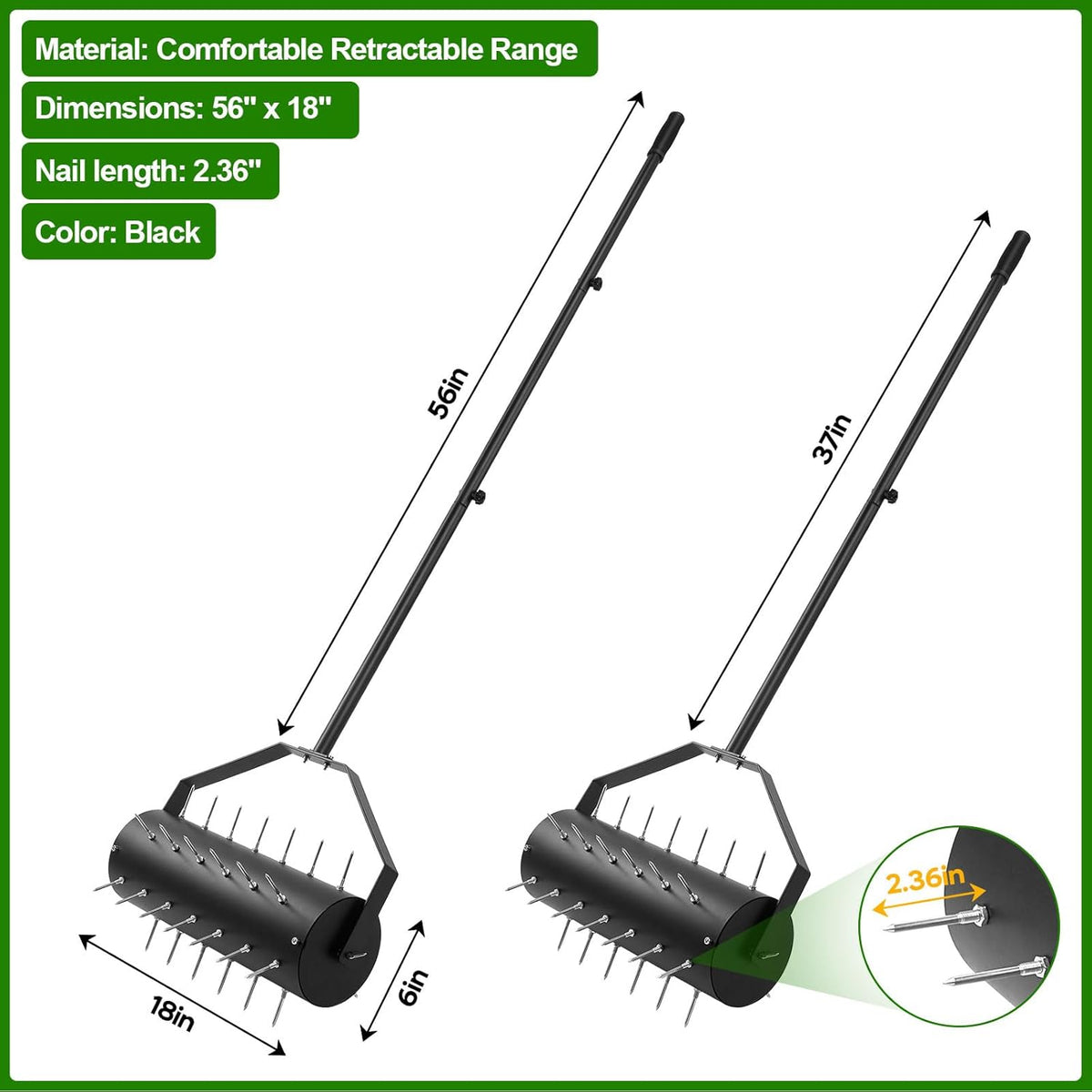 18-inch Rolling Lawn Aerator Tool, 50"-70" Handle Heavy Duty Spike Aerator with Sandbag, 40 Iron