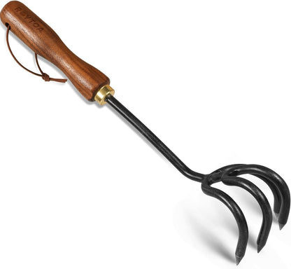 Hand Cultivator Rake, Ergonomic Small Garden Rake with Walnut Handle & 4 Durable Tines, Garden