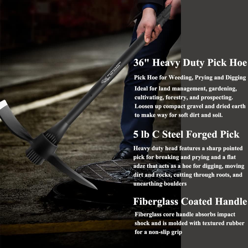 glorousamc Forged Adze Pick, Weeding Mattock Hoe Pick Mattock with Fiberglass Handle, Garden Pick