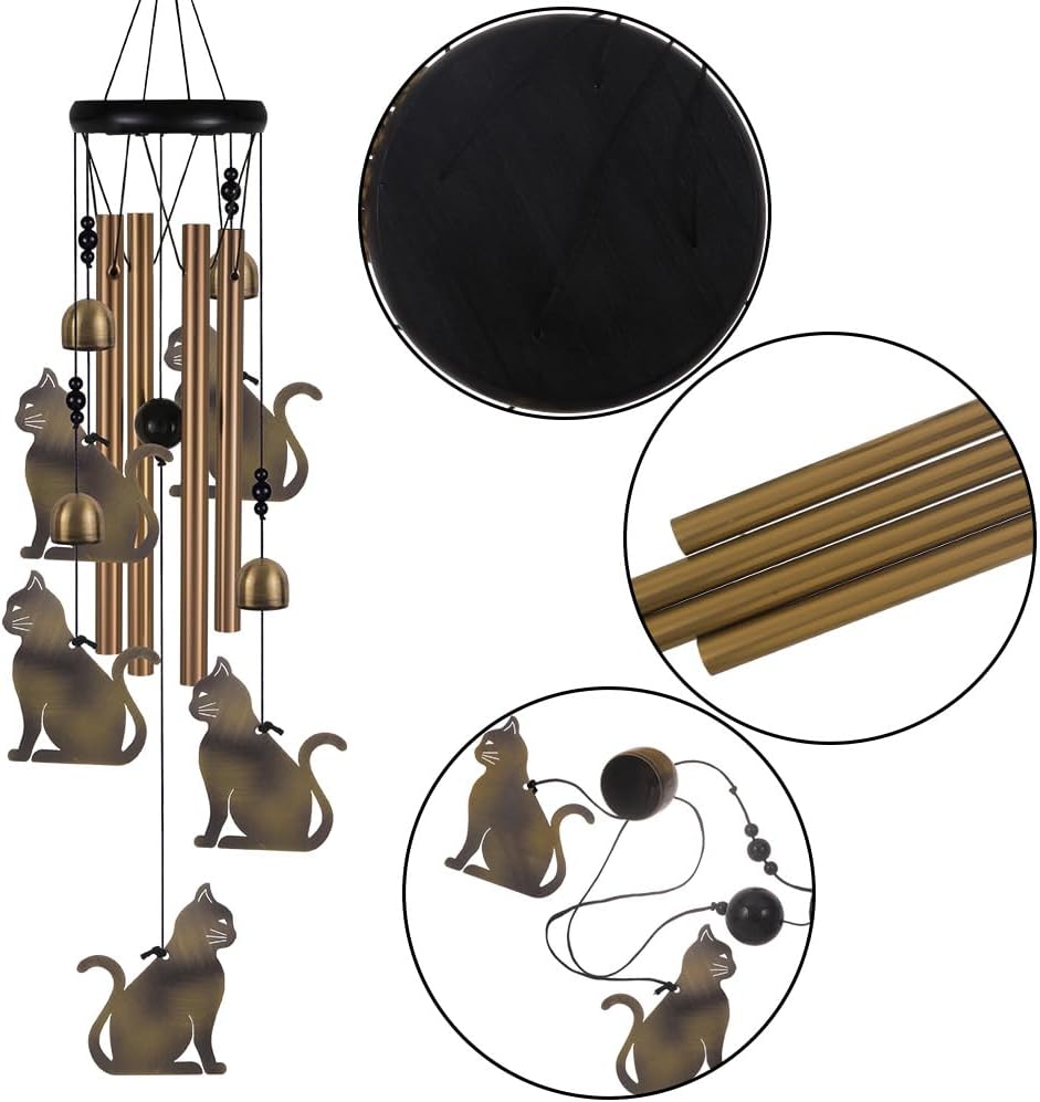 Garden Cat Wind Chimes Outdoor Indoor Decor - with 4 Tubes 4 Bells 5 Cats Wind Chime, Mobile