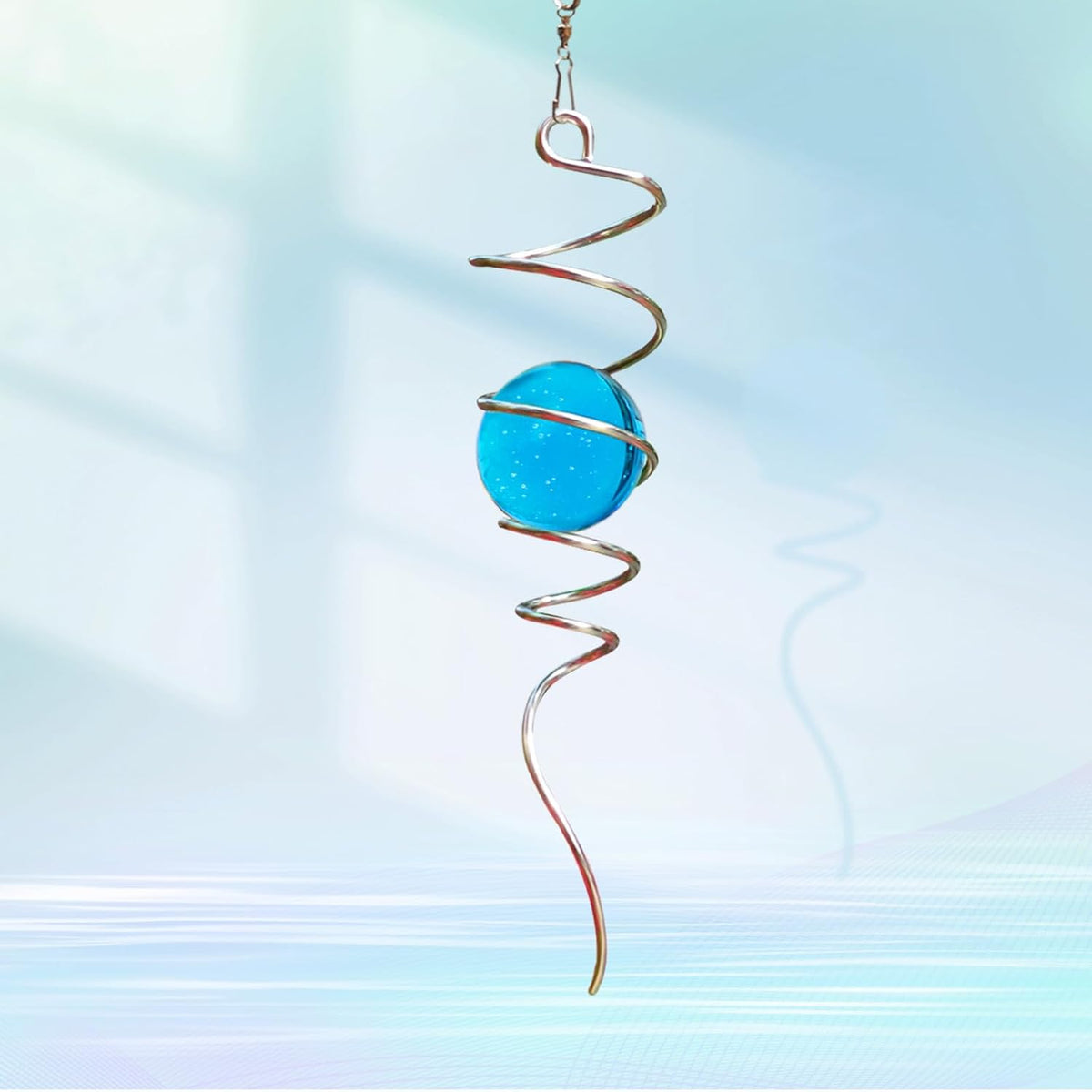 Gazing Ball Spiral Tail with 11inch Tail and 2inch Blue Glass Orb, Wind Spinner Stabilizer with