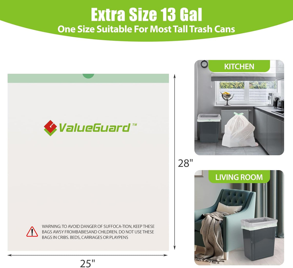 Large Trash Bags 13 Gallon Tall Kitchen Drawstring 100% Post-Consumer Recycled Garbage Bags Waste