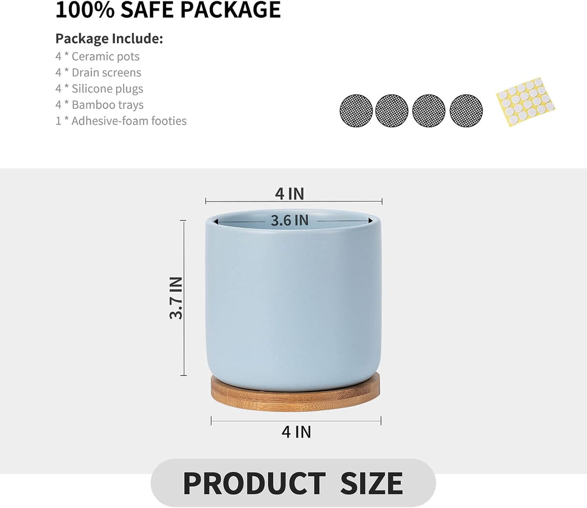 OMAYKEY Succulent Pots, 4 Inch Ceramic Planter Plant Pot with Tray, Drainage Hole & Mesh Pad for