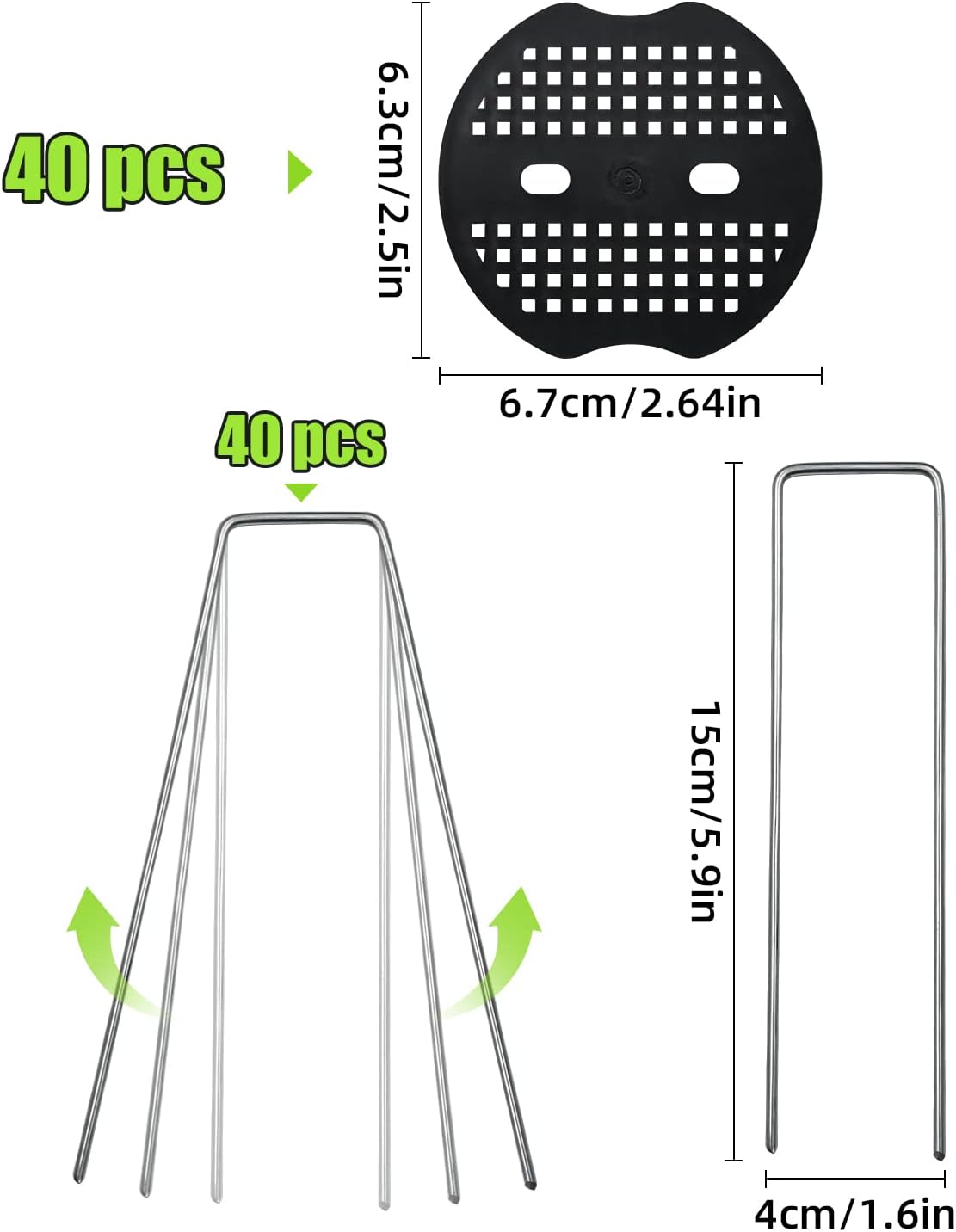 40 Pack 6 Inch Landscape Staples & 40pcs Fixing Gasket Sets, Garden Stakes Galvanized Steel Fabric