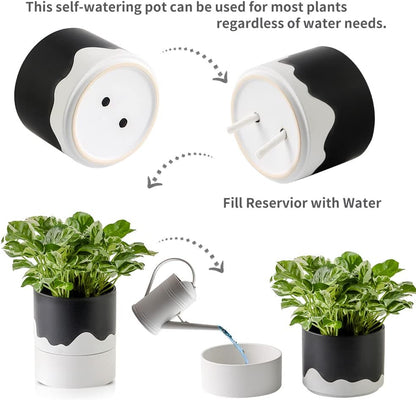 Nihow Self Watering Plant Pot: 6 Inch Ceramic Planter with Drainage Hole & Water Storage Plus for