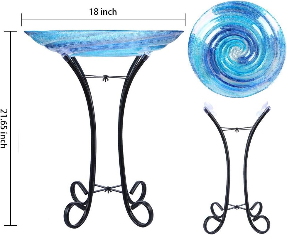 MUMTOP Outdoor Glass Birdbath with Metal Stand for Lawn Yard Garden Decor,18” Dia/21.65 Height