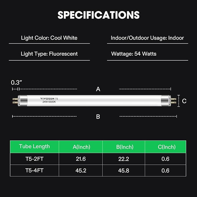 VIVOSUN T5 Grow Light Bulbs 2 Ft 22 Inches, 24W 6500K HO Fluorescent Tubes Light Bulbs, Cool White