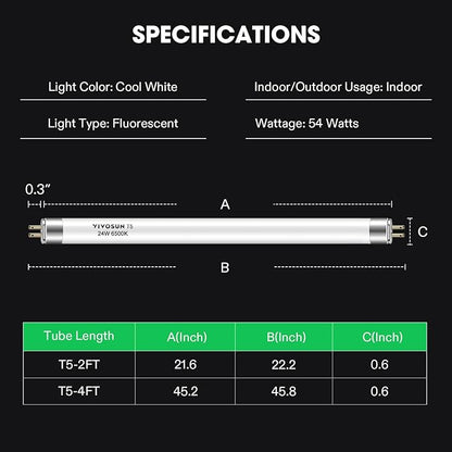 VIVOSUN T5 Grow Light Bulbs 2 Ft 22 Inches, 24W 6500K HO Fluorescent Tubes Light Bulbs, Cool White