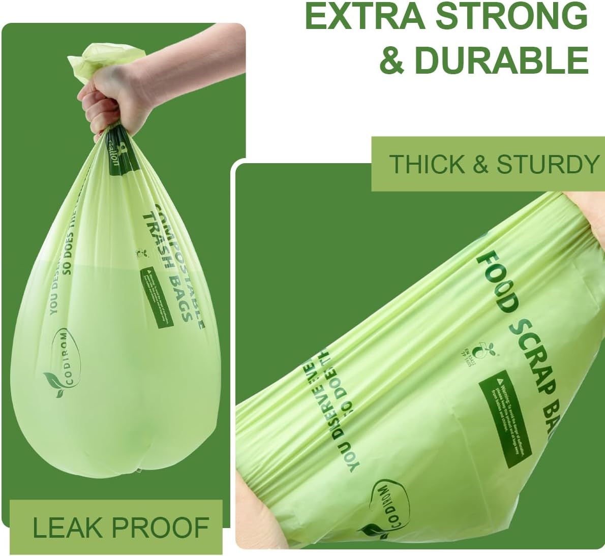 100% Compostable Trash Bags, 13 Gallon, 49.2 Liter, 0.91 Mils, 65 Count Kitchen Tall Food Scrap