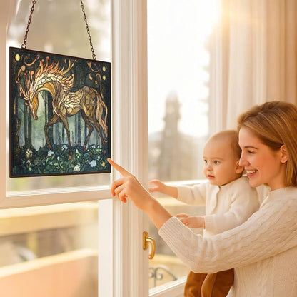 Rectangle Art Nouveau Glade Kirin Stained Glass Sun Catcher Mountain Stained Glass Window Hanging