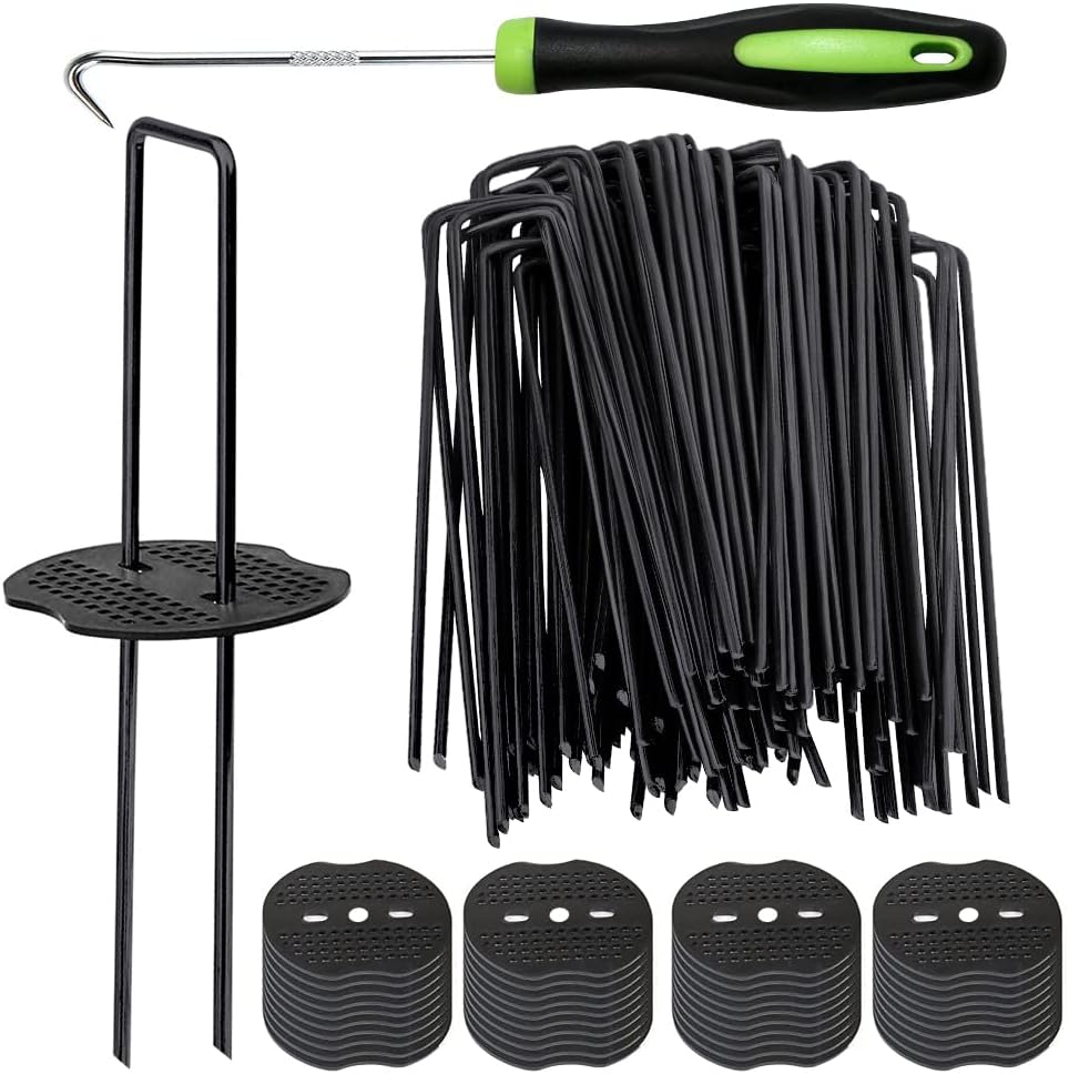Bakulyor 50pcs Black Landscape Staples + 50pcs Buffer Washer, 6 Inch 11 Gauge Garden Stakes