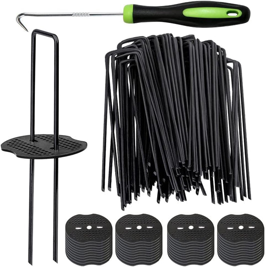Bakulyor 50pcs Black Landscape Staples + 50pcs Buffer Washer, 6 Inch 11 Gauge Garden Stakes