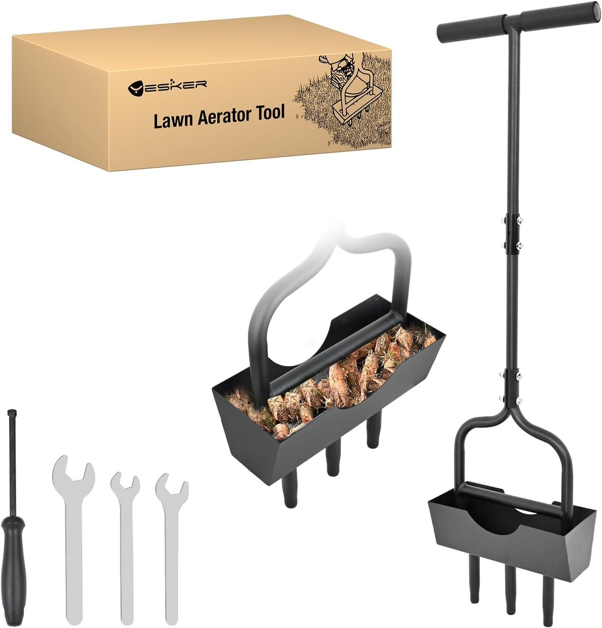 Yesker Lawn Aerator Coring Tool with Soil Core Tray, 39 inches Manual Garden Plug Aerator for Grass