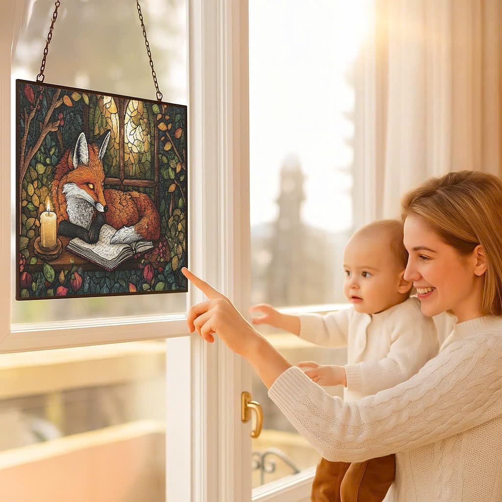 Personalized Rectangle Boho Fox Journaling in Forest Stained Glass Window Hanging, Stained Glass
