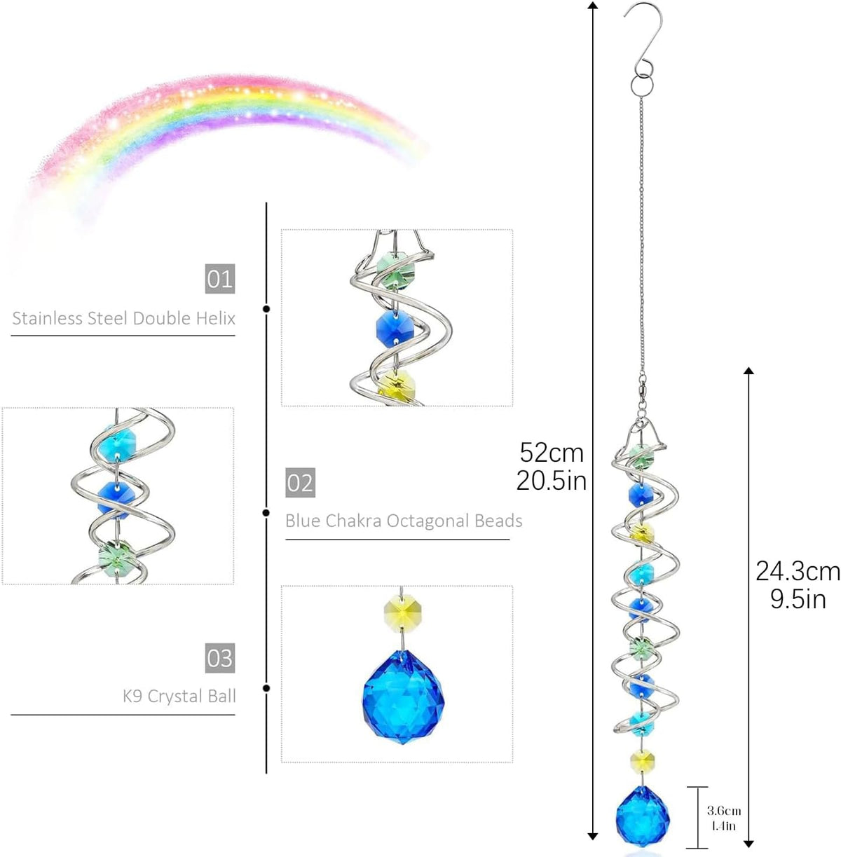H&D HYALINE & DORA 20.5inch Gazing Ball Spiral Tail,Decorative Wind Spinner Sun Catcher,Rainbow