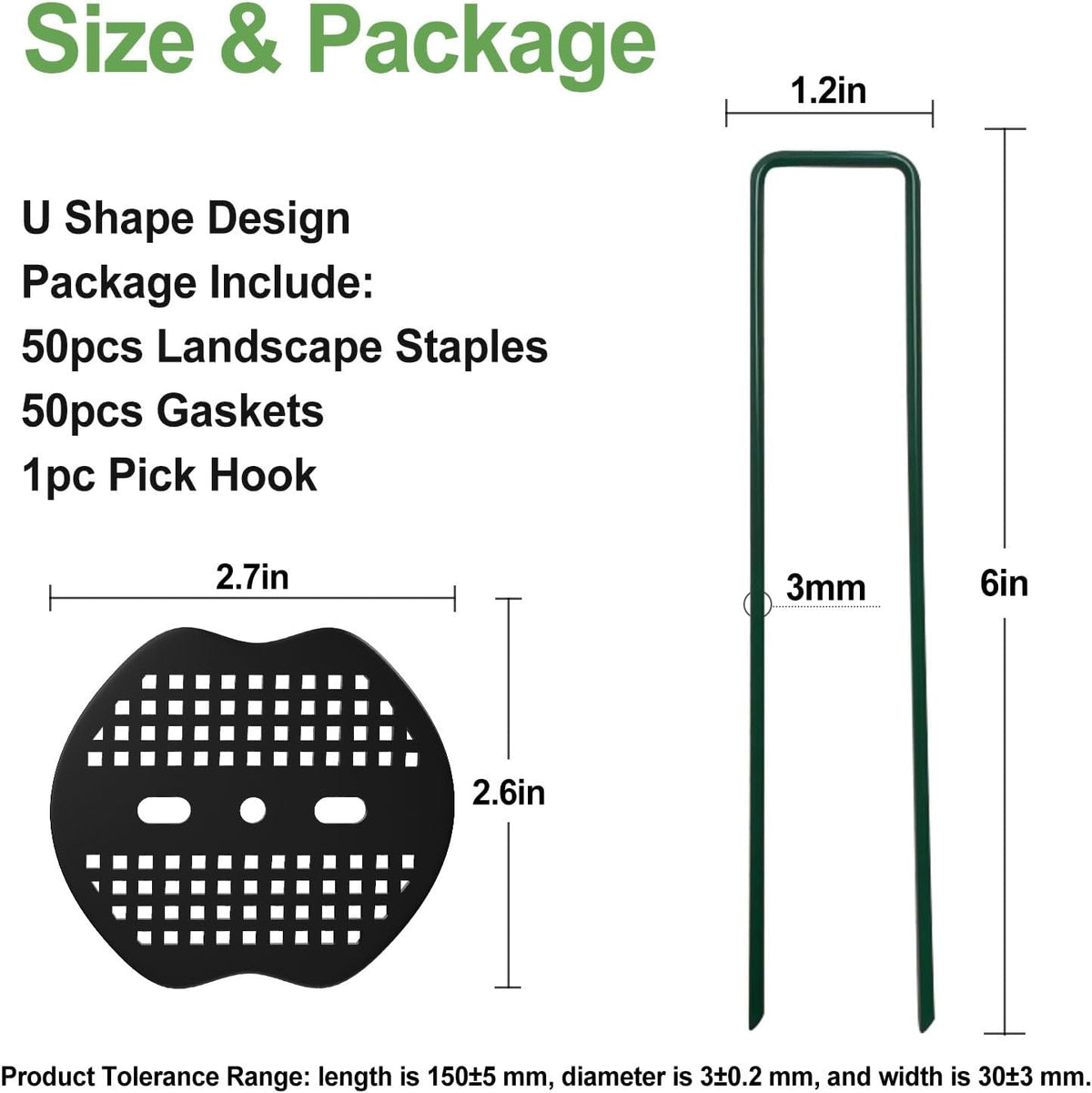 FOTMISHU Landscape Staples 6Inch 50pcs Garden Stakes + 50pcs Gasket, Lawn Pins with Spray Coating