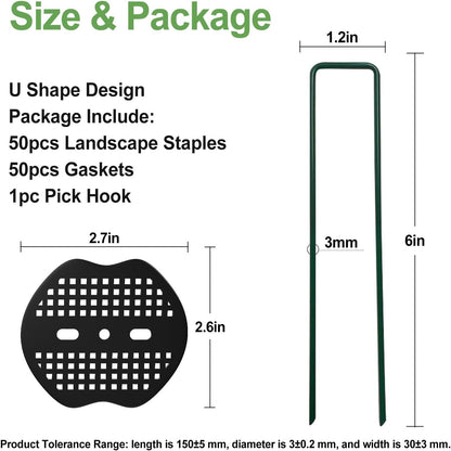 FOTMISHU Landscape Staples 6Inch 50pcs Garden Stakes + 50pcs Gasket, Lawn Pins with Spray Coating