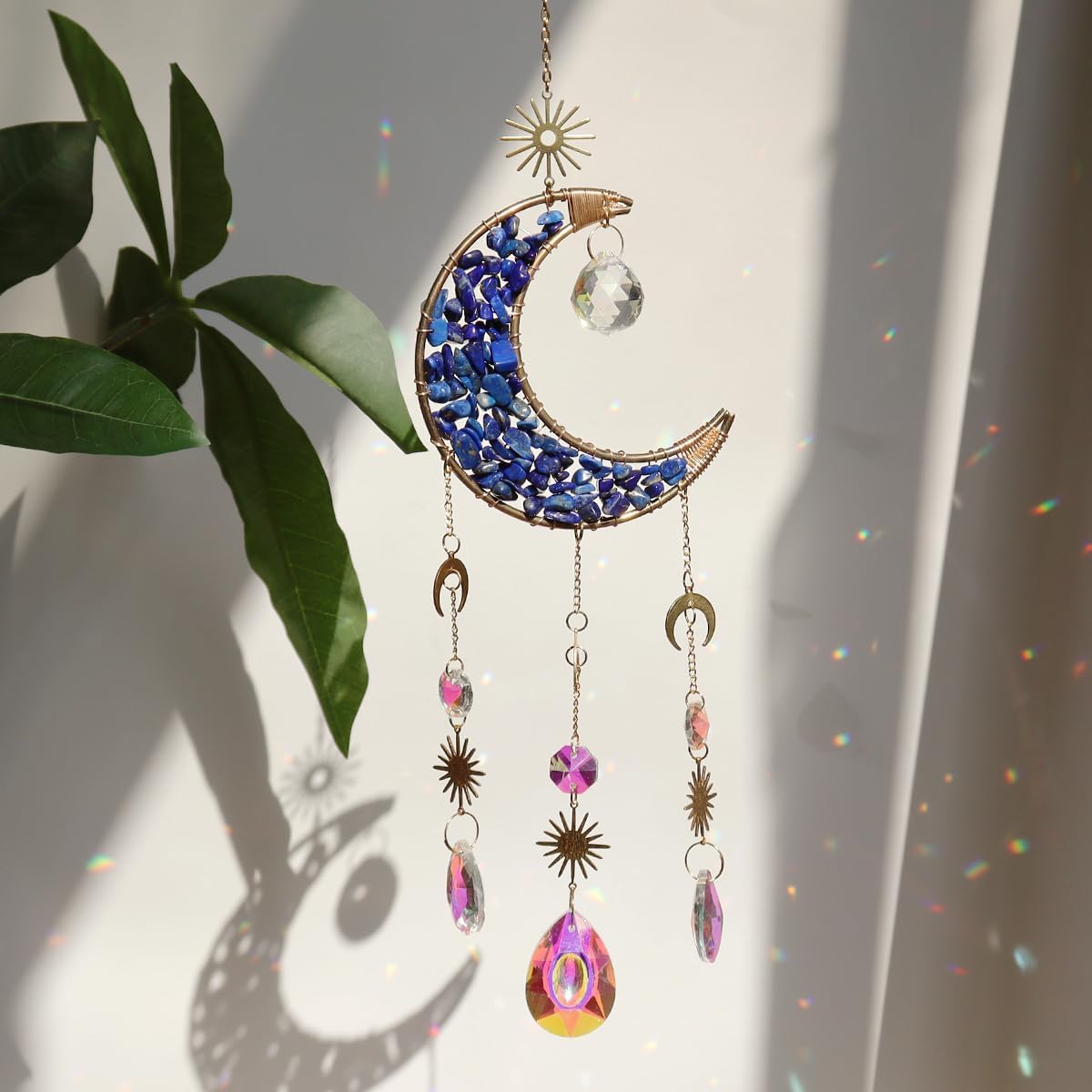 Moon Suncatcher Hanging Decor, Boho Chic Lapis Lazuli Crystal Sun Catcher, Spritual Sun Light