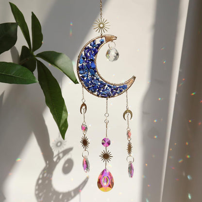 Moon Suncatcher Hanging Decor, Boho Chic Lapis Lazuli Crystal Sun Catcher, Spritual Sun Light