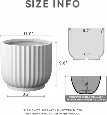 Kante Round Fulted Planter, 14 Inch Dia Large Concrete Plant Pots with Drainage Hole and Rubber