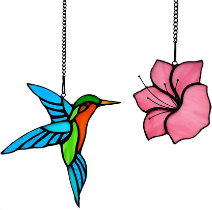 2 Pack Stained Glass Hummingbird with Flower Suncatcher for Window Hanging Ornament, Sun Catchers