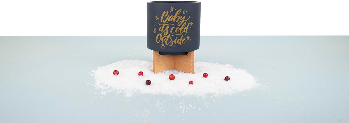 Ceramic Holiday Planter Pot with Wood Stand, Baby It's Cold Outside Design, Navy Blue & Gold, Holds