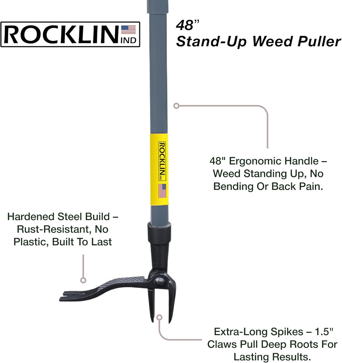 Rocklin™ Stand Up Weed Puller Tool - 4 Claw Steel Head - 48 inch Handle - 100% Metal - Easily