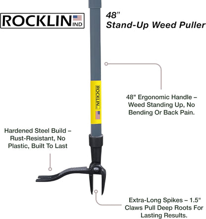 Rocklin™ Stand Up Weed Puller Tool - 4 Claw Steel Head - 48 inch Handle - 100% Metal - Easily