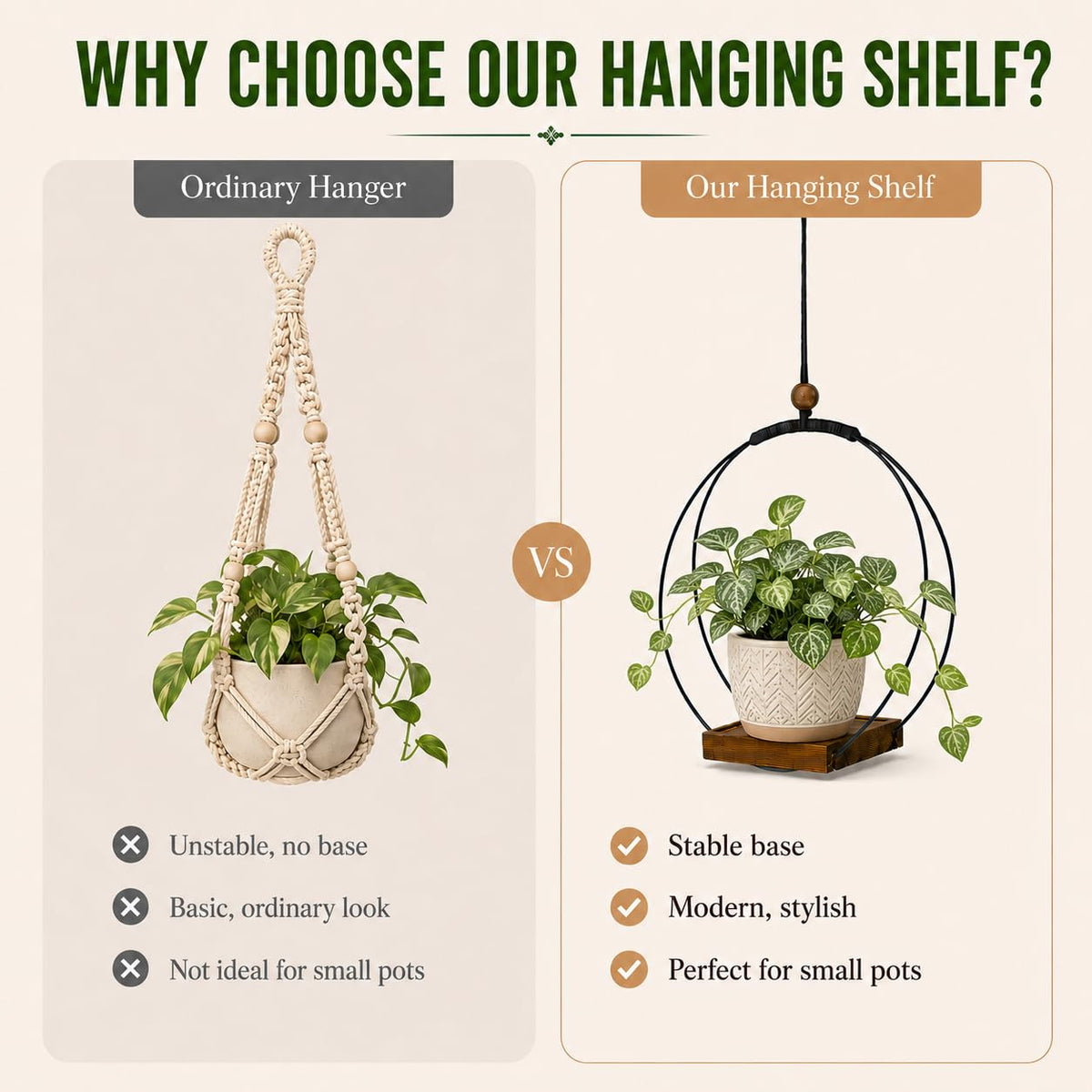 Hanging Planter for Indoor Plants, Black Plant Hanger Indoor with Sturdy Wood Base, Modern Boho