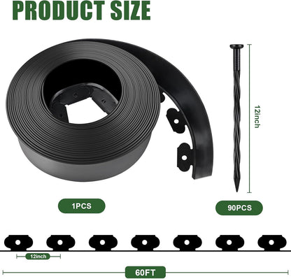 4 in Tall Landscape Edging, 60FT Plastic Garden Border Edging with 90 Anchoring Spikes, Landscape