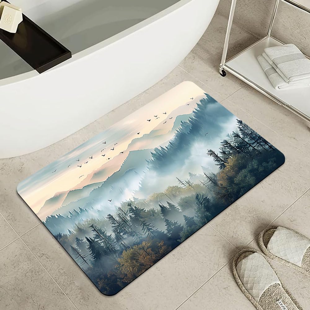 Bath Mat-Bathroom Rug，Beautiful Misty Forest-Absorbent Non Slip Quick Dry Stain Resistant Easy to