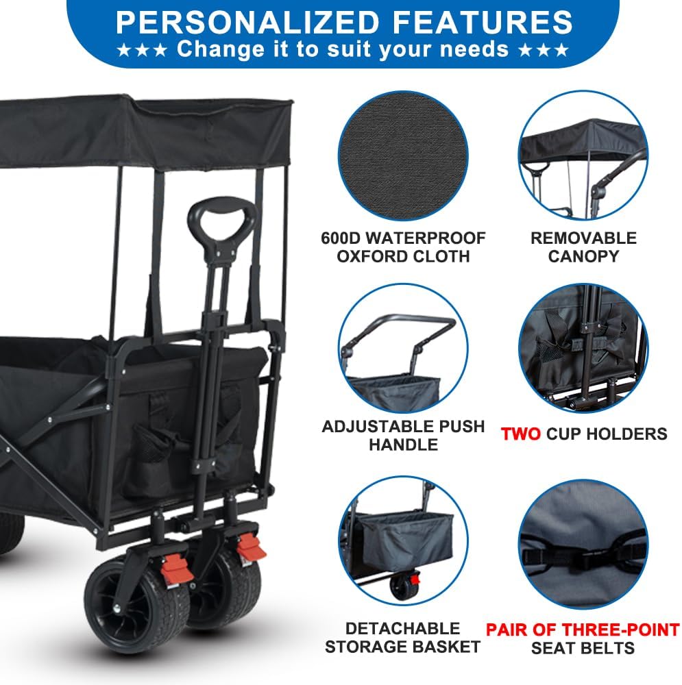 SKYMANOR Collapsible Wagon with Removable Canopy, 3-in-1 Heavy Duty Garden Cart with Big