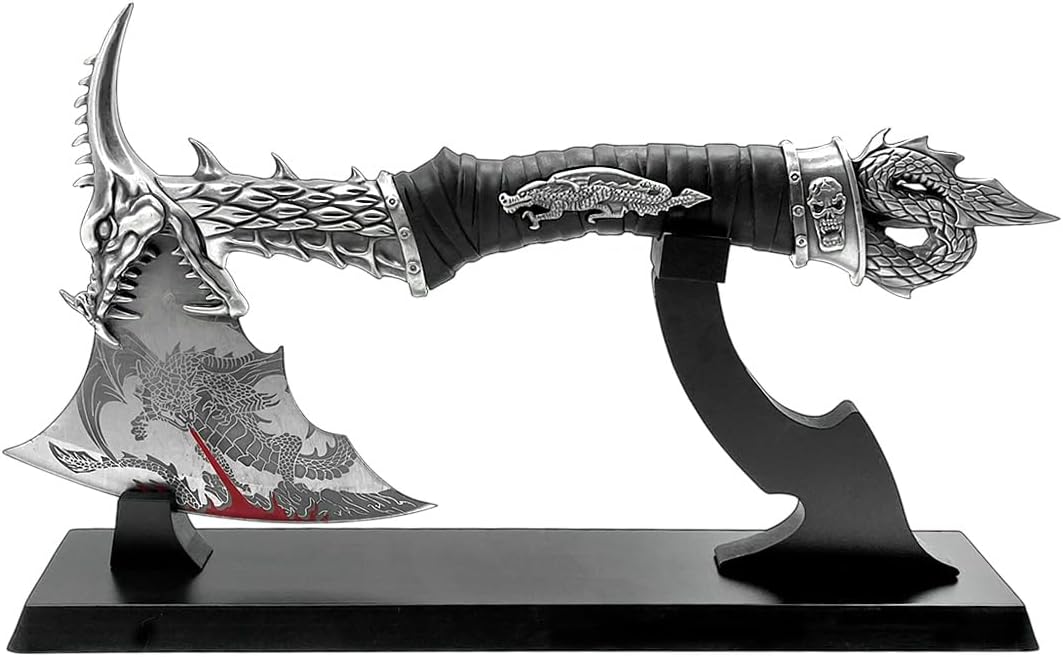 14.5" Fantasy Dragon Axe Wtih Wood Stand, Gift for Xmas, Home Tabletop Decoration