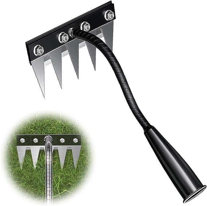 Iron Weeding Rake, 5-Teeth Detachable Gardening Hand Weeder Tool with Ergonomic Grip, Heavy-Duty