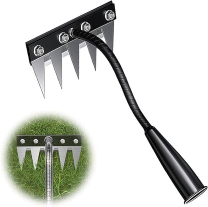 Iron Weeding Rake, 5-Teeth Detachable Gardening Hand Weeder Tool with Ergonomic Grip, Heavy-Duty