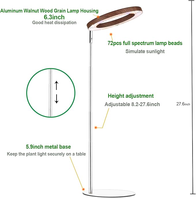 yadoker 72 LEDs Plant Grow Light for Indoor Plant,Aluminum Walnut Wood Grain Desk LED Grow Light