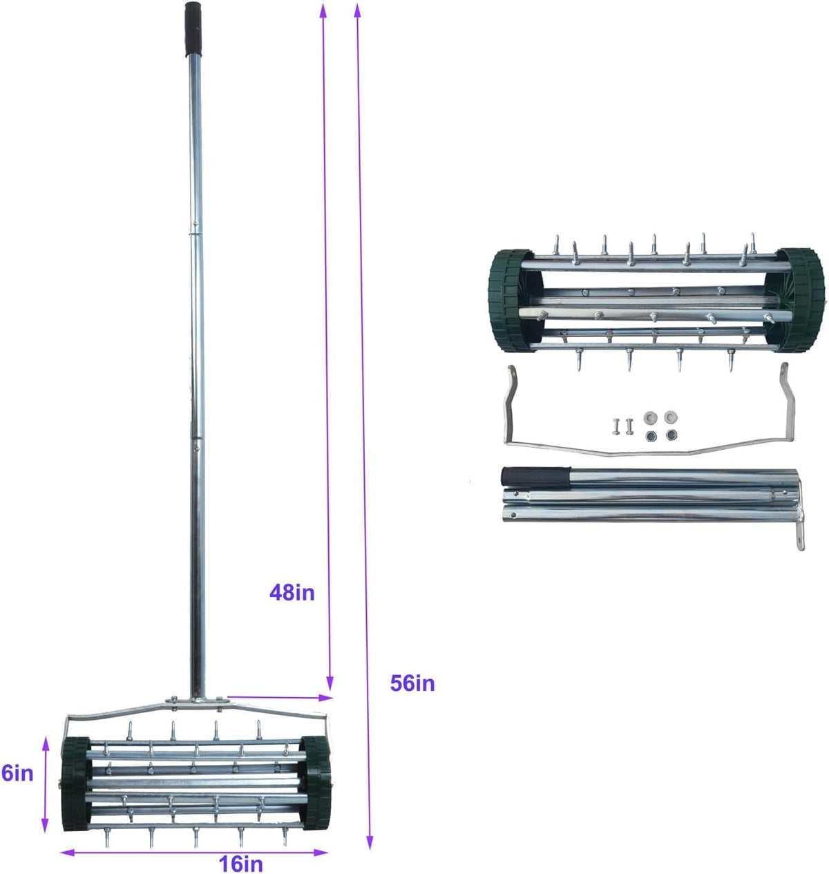 Heavy Duty Rolling Lawn Aerator, Rotary Push Tine Spike Aerator with 1.4-Inch Spikes, 57-Inch Steel