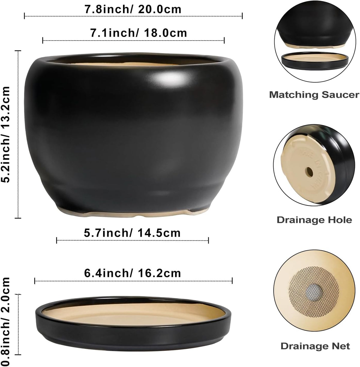 SQOWL Ceramic Plant Pots - 8 Inch Planter Indoor, Round Flower Pot with Drainage Hole and Saucer