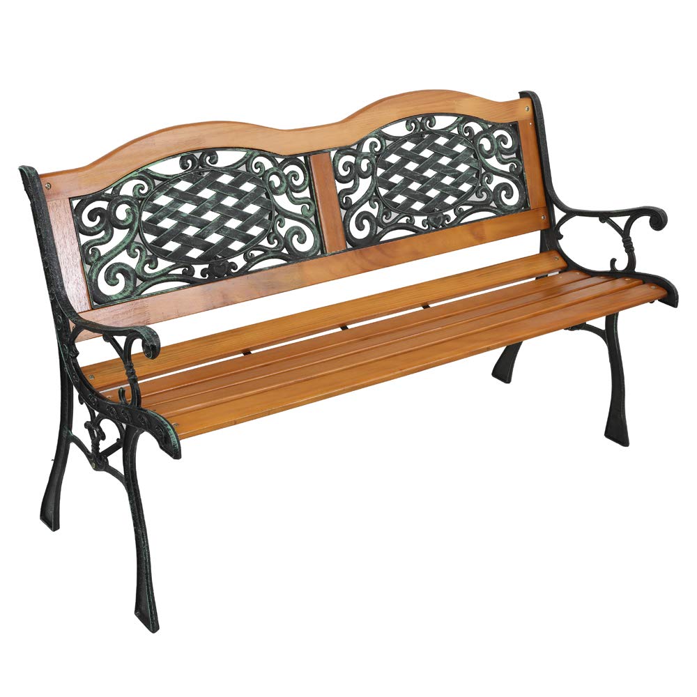 VINGLI Classic Cast Iron & Teak Arched Back Rectangular Outdoor Bench, 3-Seater, 470 lbs Capacity