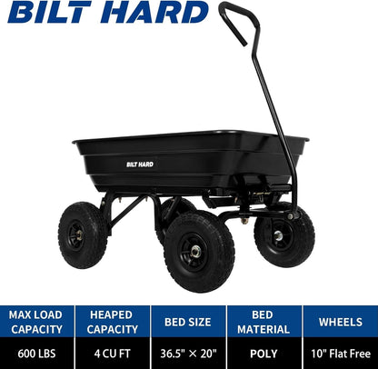 BILT HARD Poly Garden Dump Cart 600 lbs with No Flat Tires, Quick Release, 4 Cu Ft Dump Wagon Heavy