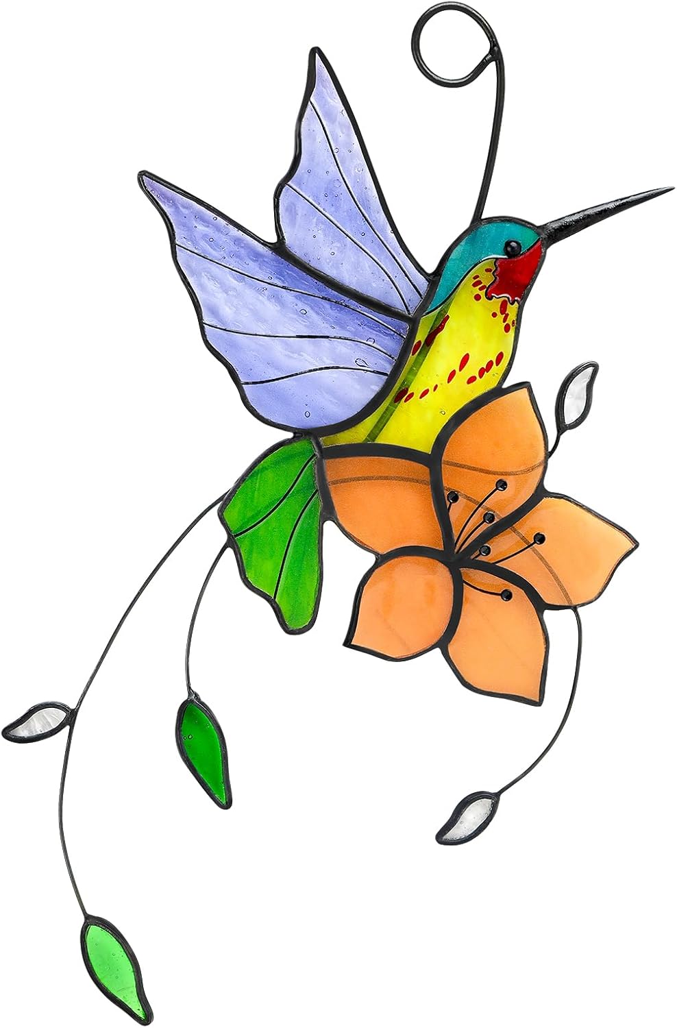 Handmade Stained Glass Hummingbird Suncatcher, Lavender-Purple Bird with Peach-Fuzz Flower Window
