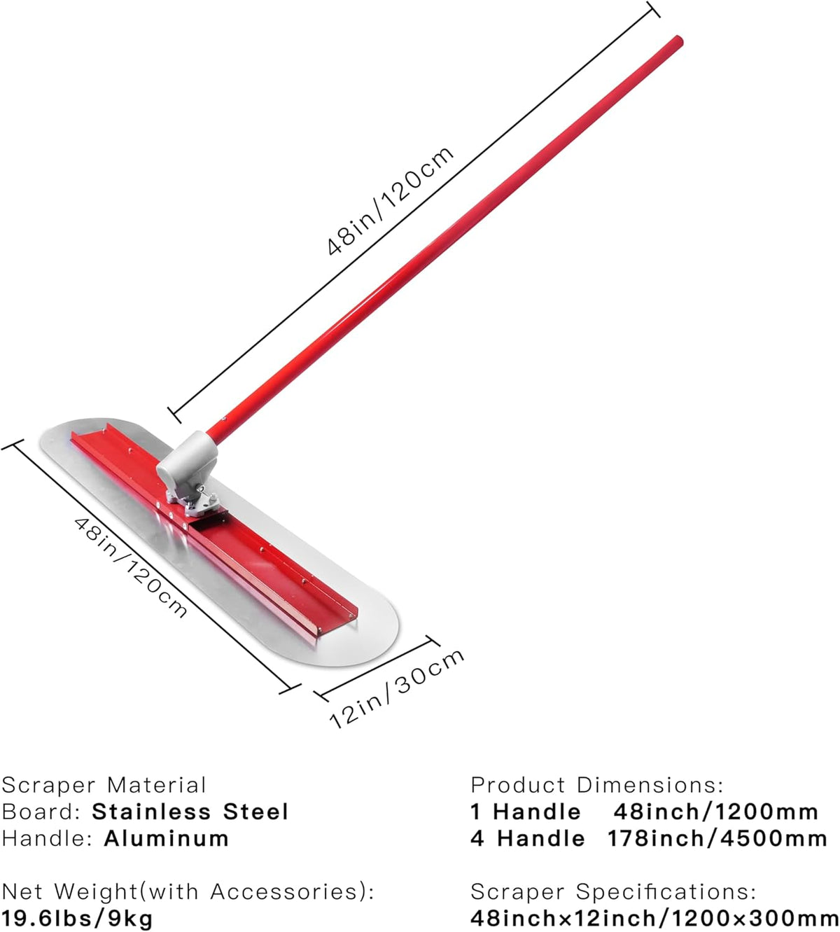 Bull Float Concrete Bull Float Tool Kit 48"x12" Fresno Round End Stainless Steel Board Kit Tool