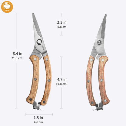 BUGUI Wood Handle Garden Shears, Long Straight Tip, All Steel Construction, Sharp, Well Designed
