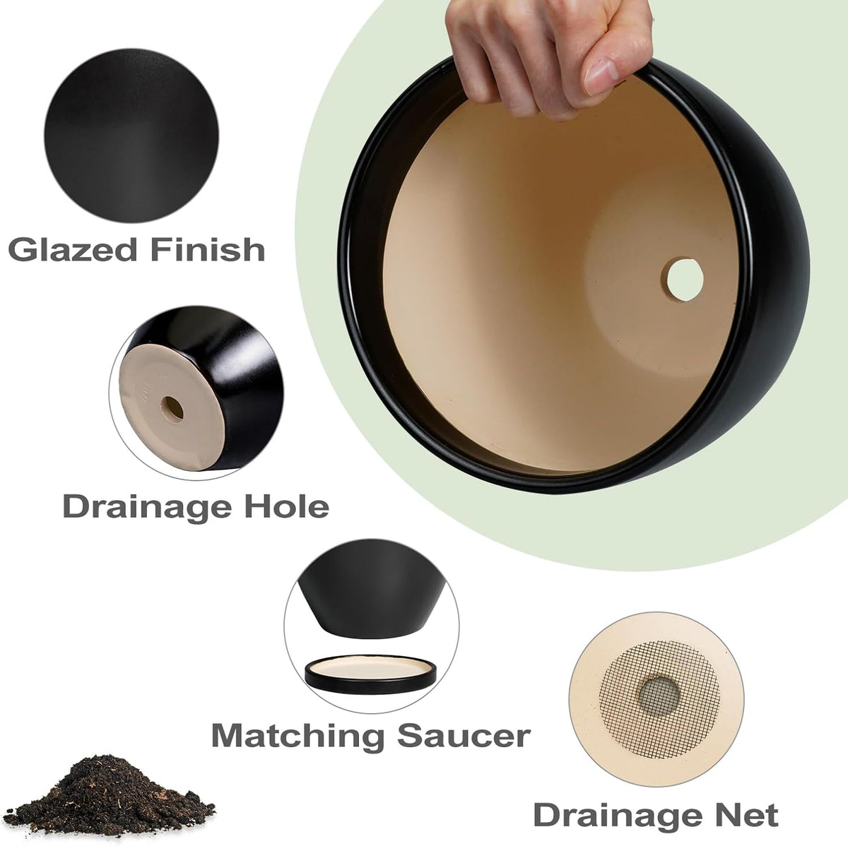 Ceramic Pots for Plants - 6.8 Inch Plant Pot with Drainage Hole and Saucer, Succulent Round Flower