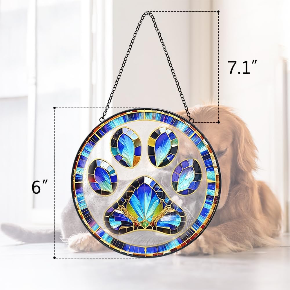 Dog Cat Paw Print Suncatcher Stained Glass Window Hanging - Handmade Stained Glass Panel